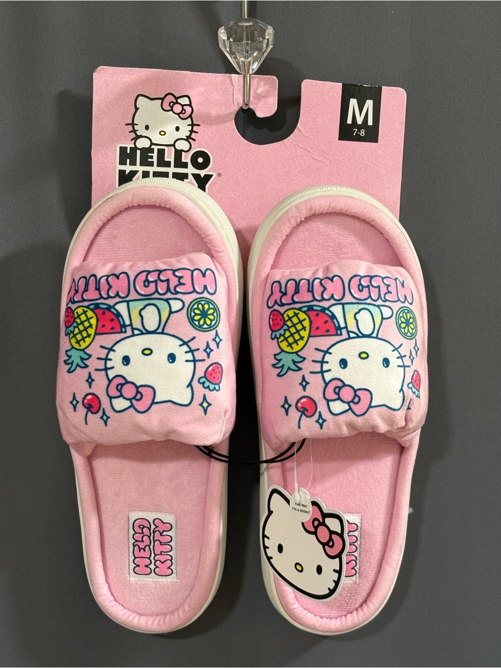 NWT Sanrio Hello Kitty Pink Tropical Padded Slide Slippers Size M 7-8 🍒 🍍🍉